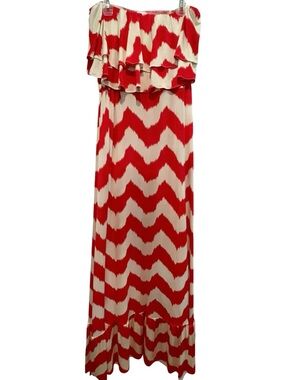 T BAGS LOS ANGELS Strapless Orange/White Chevron Maxi Dress Size M